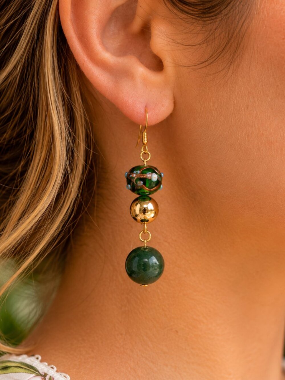 Green Agate & Glass Earrings, Whimsical Cottagecore Earrings, Fairy Garden